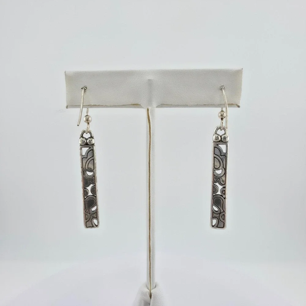 BRIGHTON 'Spring Hill' Earrings Black Cream Enamel Etched Drop Silver Plate 2